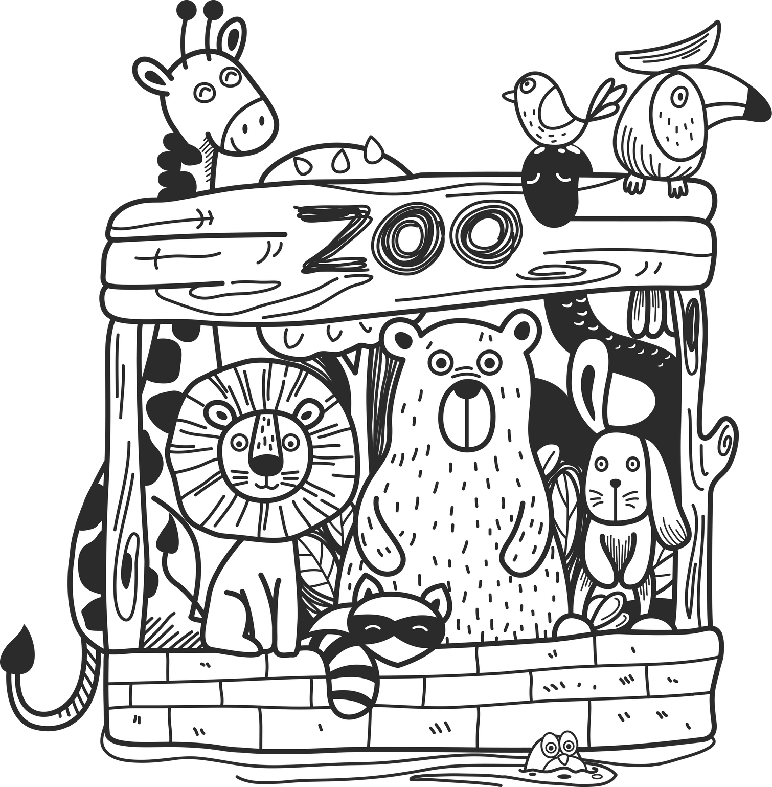 Hand Drawn Black and White Zoo Character